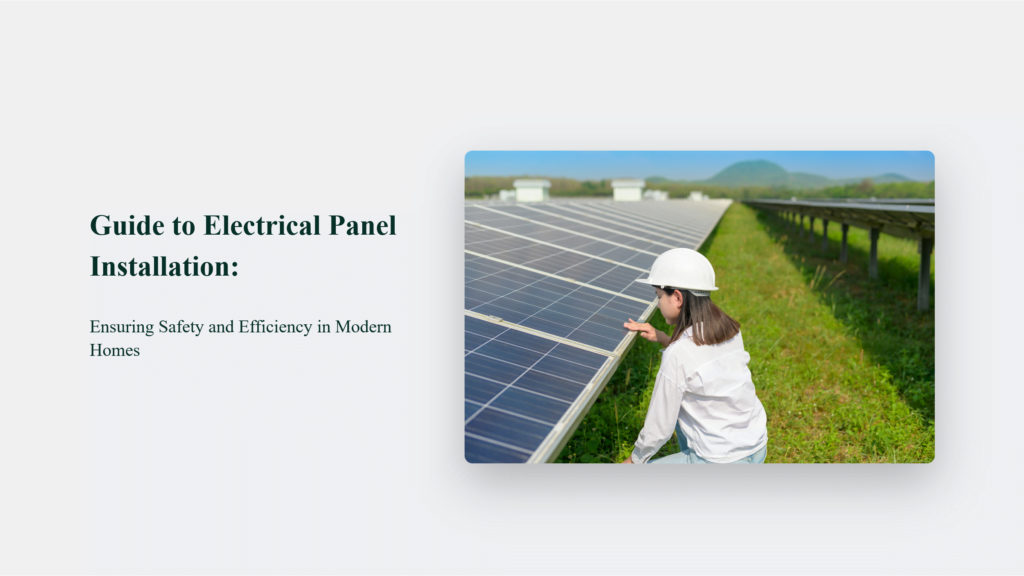 A woman in a white safety helmet touching a solar panel during an electrical panel installation.