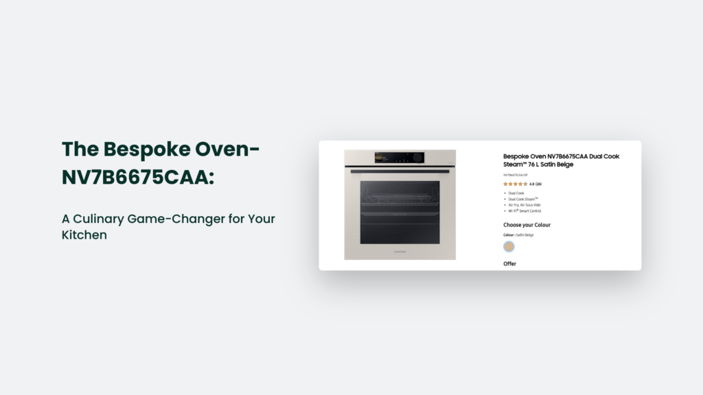 Showcasing the Bespoke Oven-NV7B6675CAA, this product listing highlights a sleek built-in oven accompanied by glowing customer ratings.