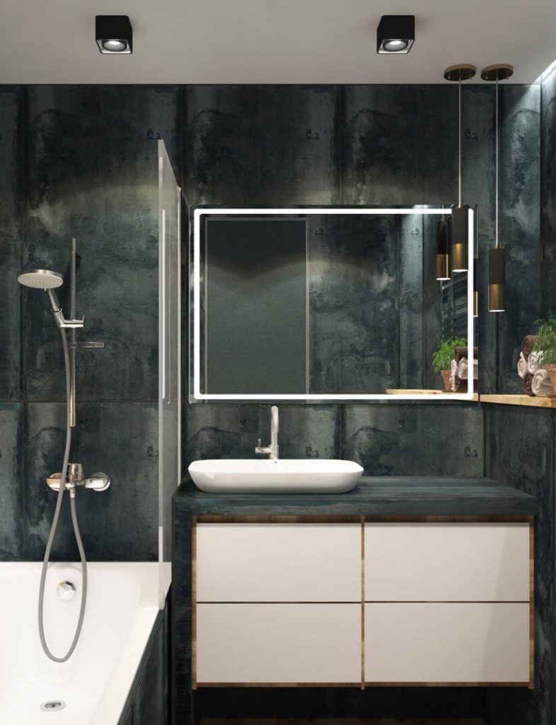 Modern bathroom with dark textured walls, a white bathtub with a handheld shower, a floating vanity with a vessel sink, and a large mirror. Pendant lights hang next to the mirror.